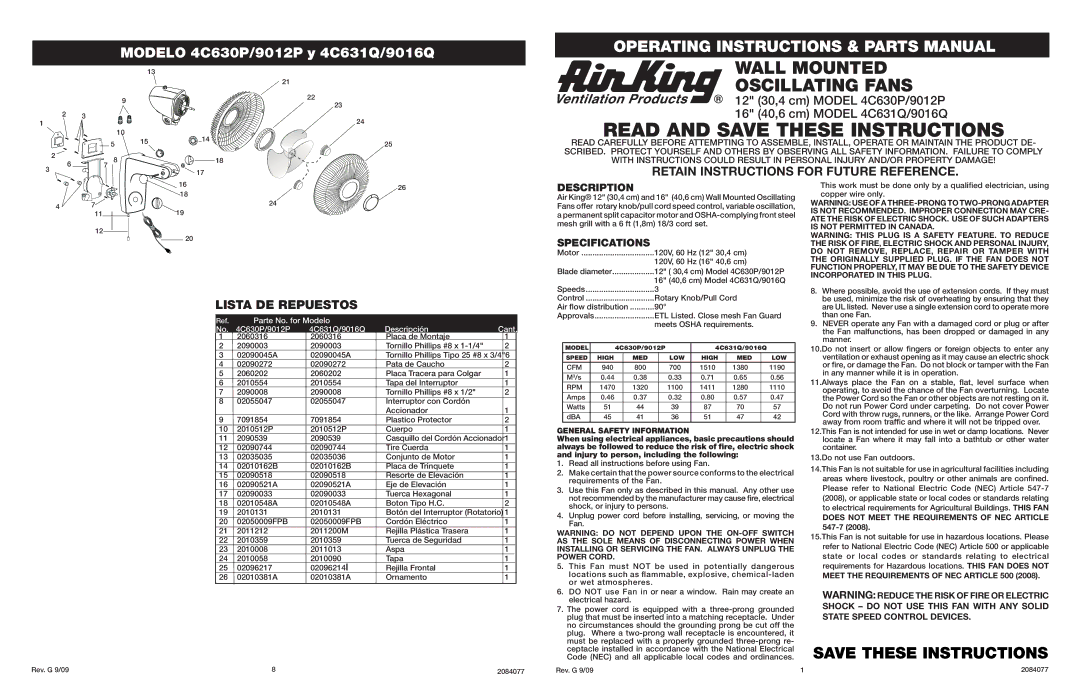 Air King 4C630P/9012P specifications Description, Specifications, General Safety Information 