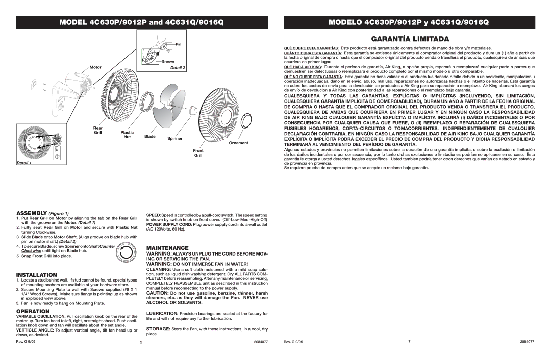 Air King 4C630P/9012P specifications Garantía Limitada, Installation, Maintenance 