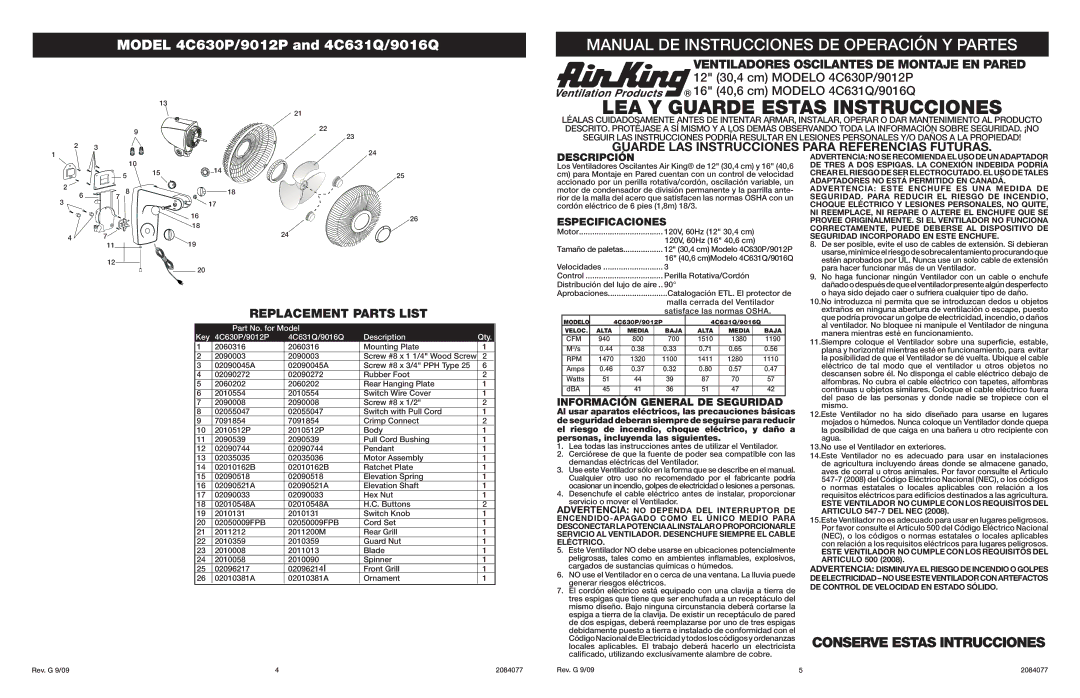 Air King 4C630P/9012P specifications Conserve Estas Intrucciones, Descripción, Información General DE Seguridad 