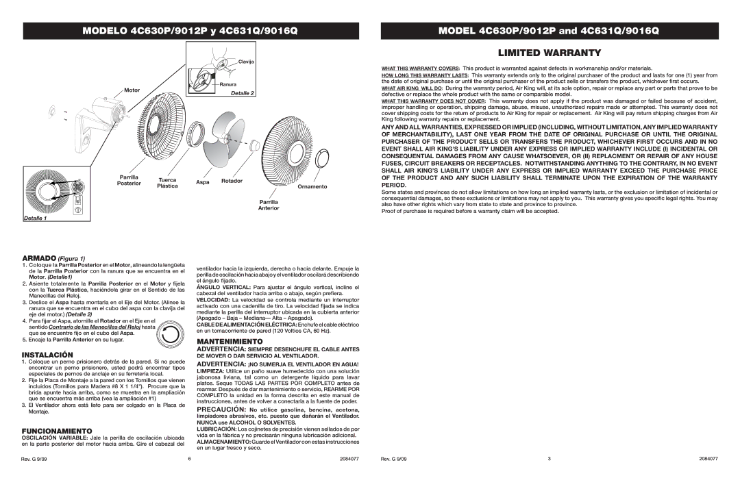 Air King 4C630P/9012P specifications Limited Warranty, Instalación, Funcionamiento, Mantenimiento 