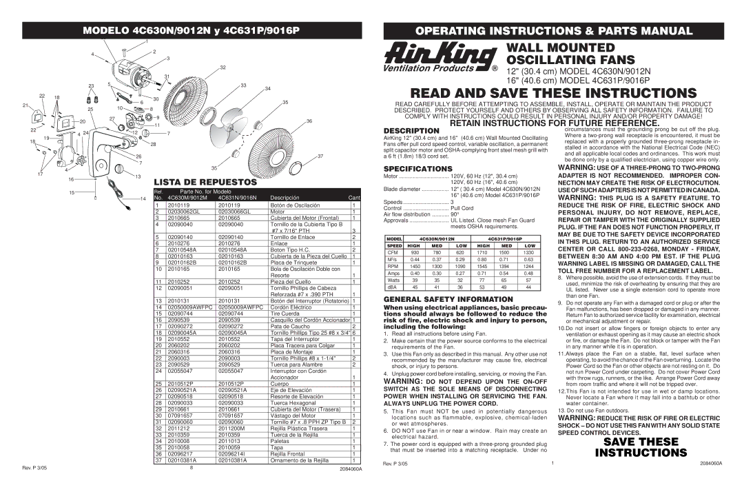 Air King 4C630N/9012N specifications Retain Instructions for Future Reference, Lista DE Repuestos, Description 