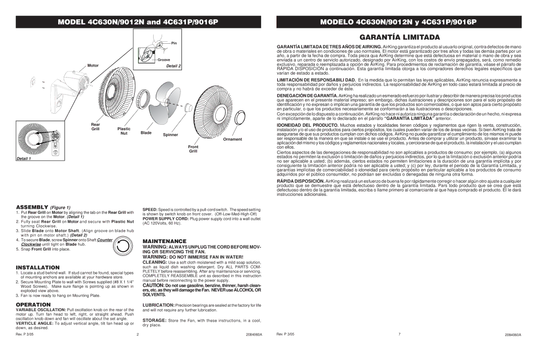 Air King 4C631P/9016P, 4C630N/9012N specifications Installation, Operation 