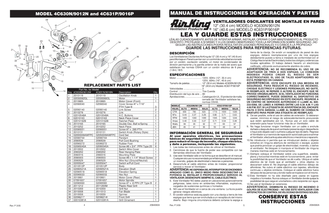 Air King 4C630N/9012N, 4C631P/9016P Guarde LAS Instrucciones Para Referencias Futuras, Replacement Parts List, Descripción 