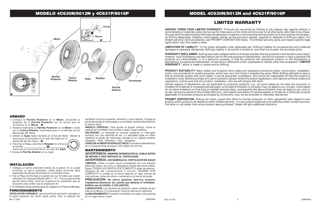 Air King 4C631P/9016P, 4C630N/9012N specifications Instalación, Funcionamiento, Mantenimiento 