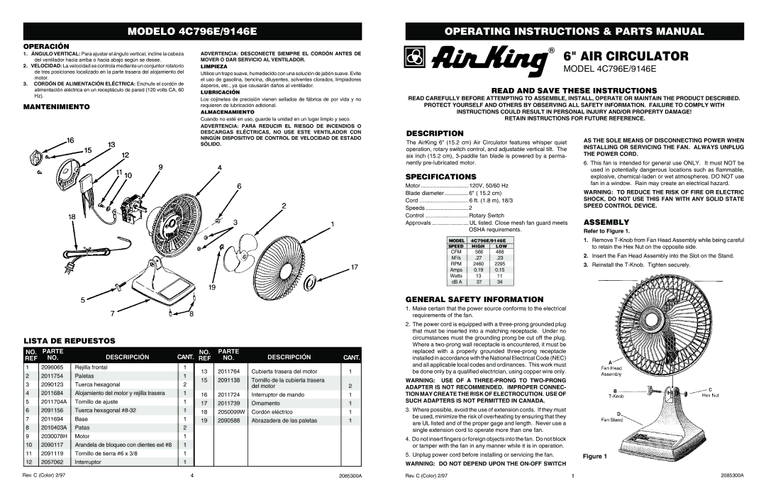 Air King 9146E, 4C796E specifications Read and Save These Instructions, Description, Specifications, Assembly 