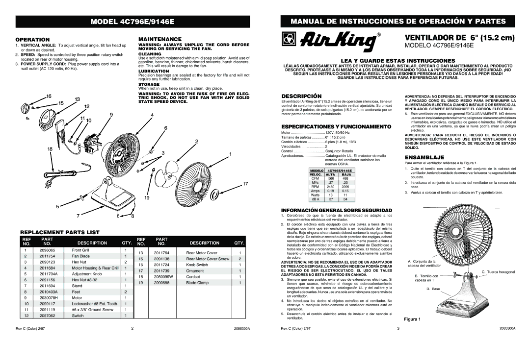 Air King 4C796E Operation, Maintenance, Replacement Parts List, LEA Y Guarde Estas Instrucciones, Descripción, Ensamblaje 