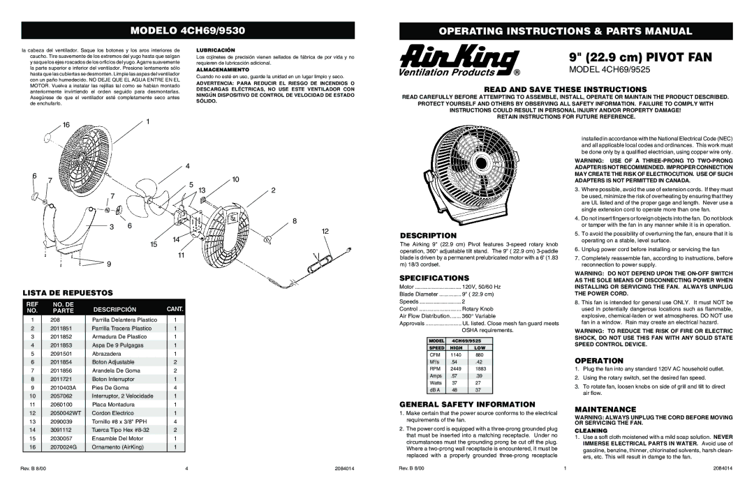 Air King 4CH69/9525 specifications Read and Save These Instructions, Lista DE Repuestos, Description, Specifications 