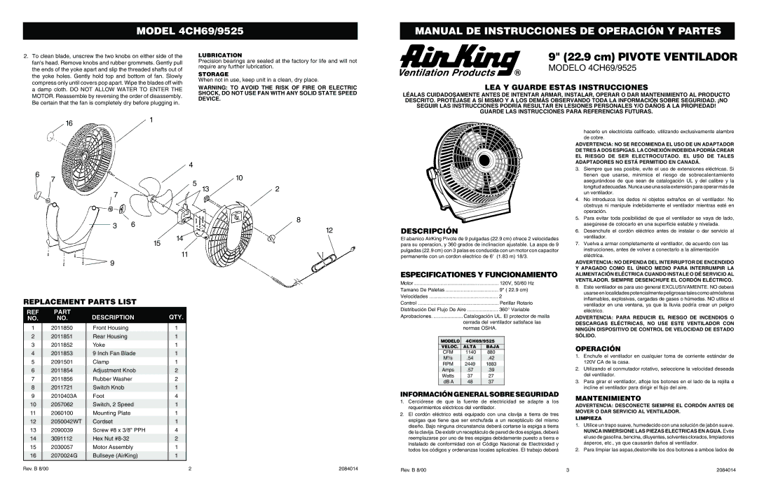 Air King 4CH69/9525 specifications LEA Y Guarde Estas Instrucciones, Descripción, Replacement Parts List 