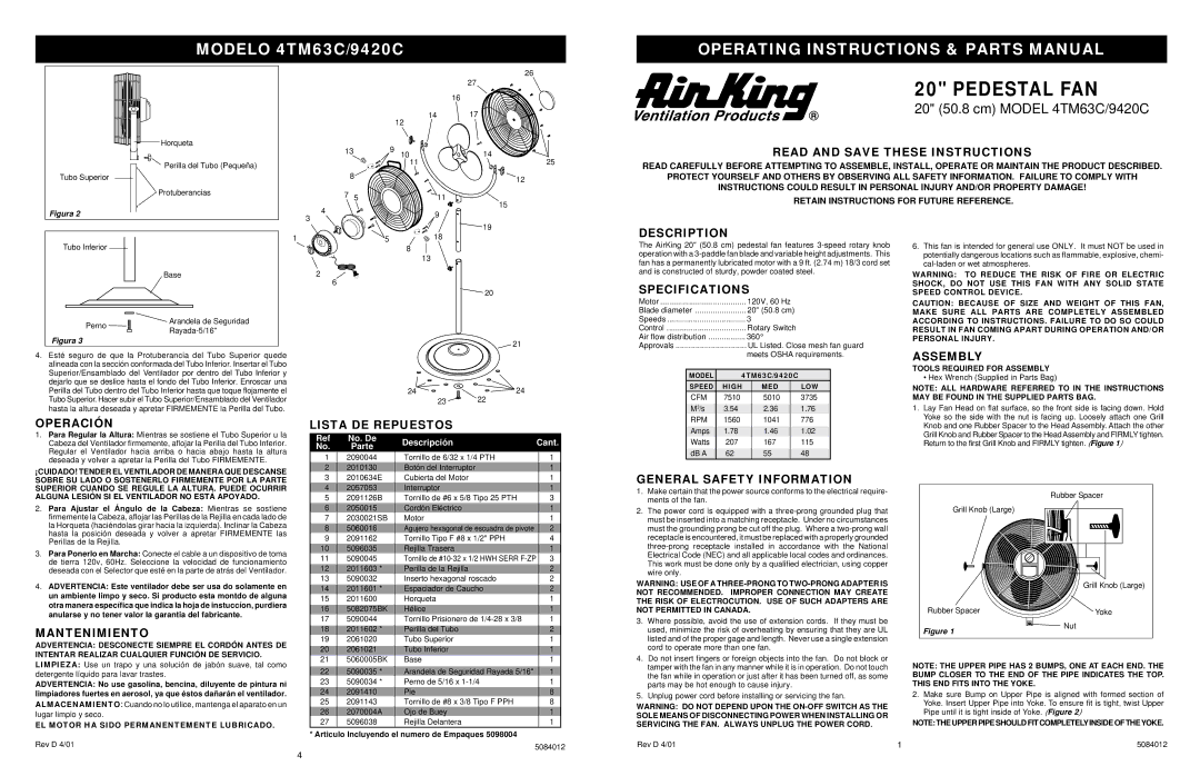 Air King 4TM63C/9420C specifications Read and Save These Instructions, Description, Specifications, Assembly, Operación 