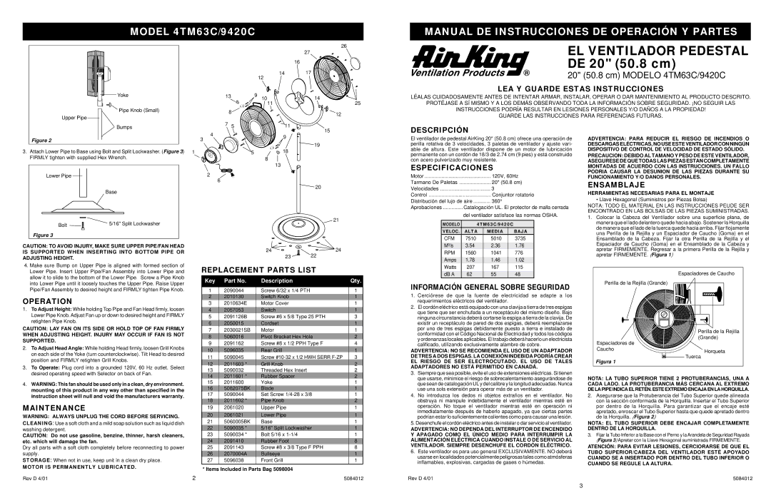 Air King 4TM63C/9420C LEA Y Guarde Estas Instrucciones, Operation, Maintenance, Replacement Parts List, Descripción 