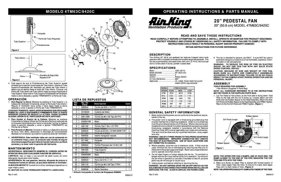 Air King specifications Pedestal Fan, MODELO 4TM63C/9420C, Operating Instructions & Parts Manual, Description, Assembly 