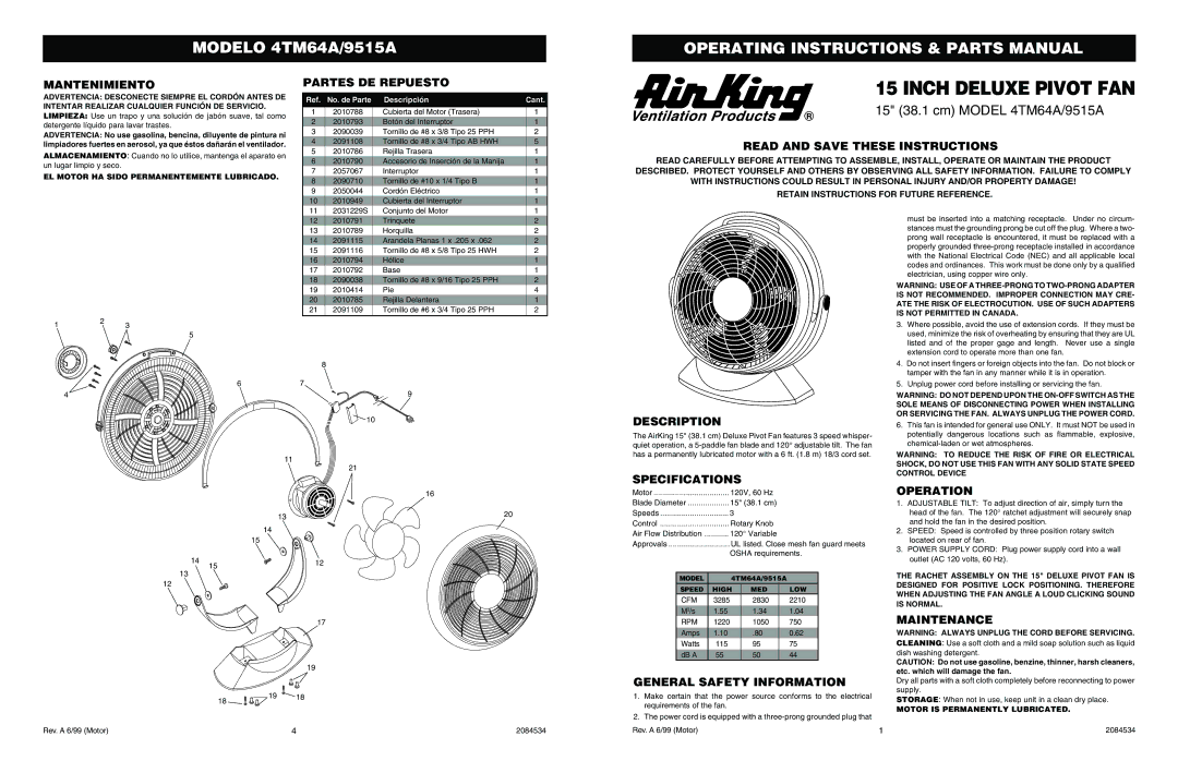 Air King 4TM64A/9515A specifications Mantenimiento Partes DE Repuesto, Read and Save These Instructions, Description 