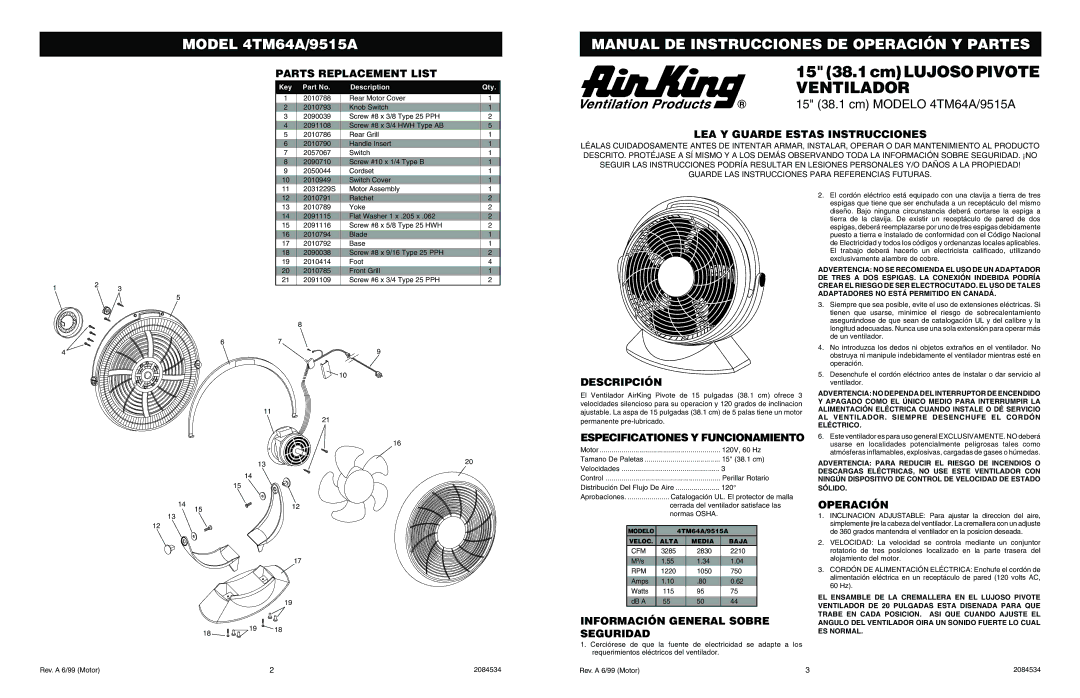 Air King 4TM64A/9515A specifications Parts Replacement List, LEA Y Guarde Estas Instrucciones, Descripción, Operación 