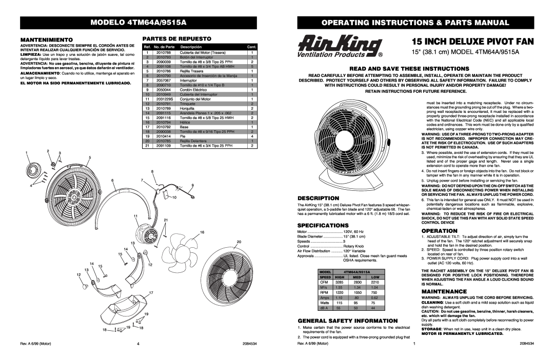 Air King specifications MODELO 4TM64A/9515A, Operating Instructions & Parts Manual, 15 38.1 cm MODEL 4TM64A/9515A 