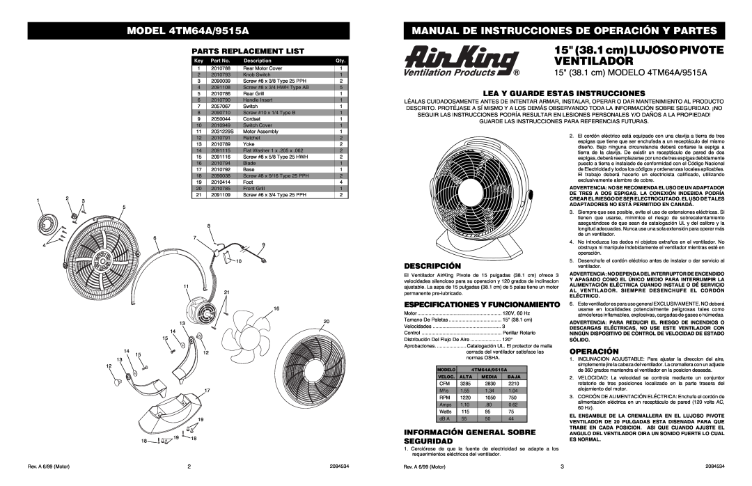 Air King MODEL 4TM64A/9515A, Manual De Instrucciones De Operación Y Partes, 15 38.1 cm MODELO 4TM64A/9515A, Descripción 