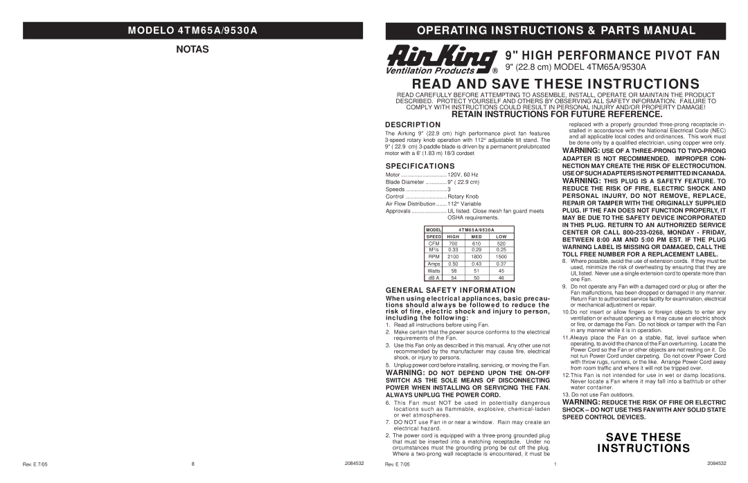 Air King 4TM65A/9530A specifications Description, Specifications, General Safety Information 