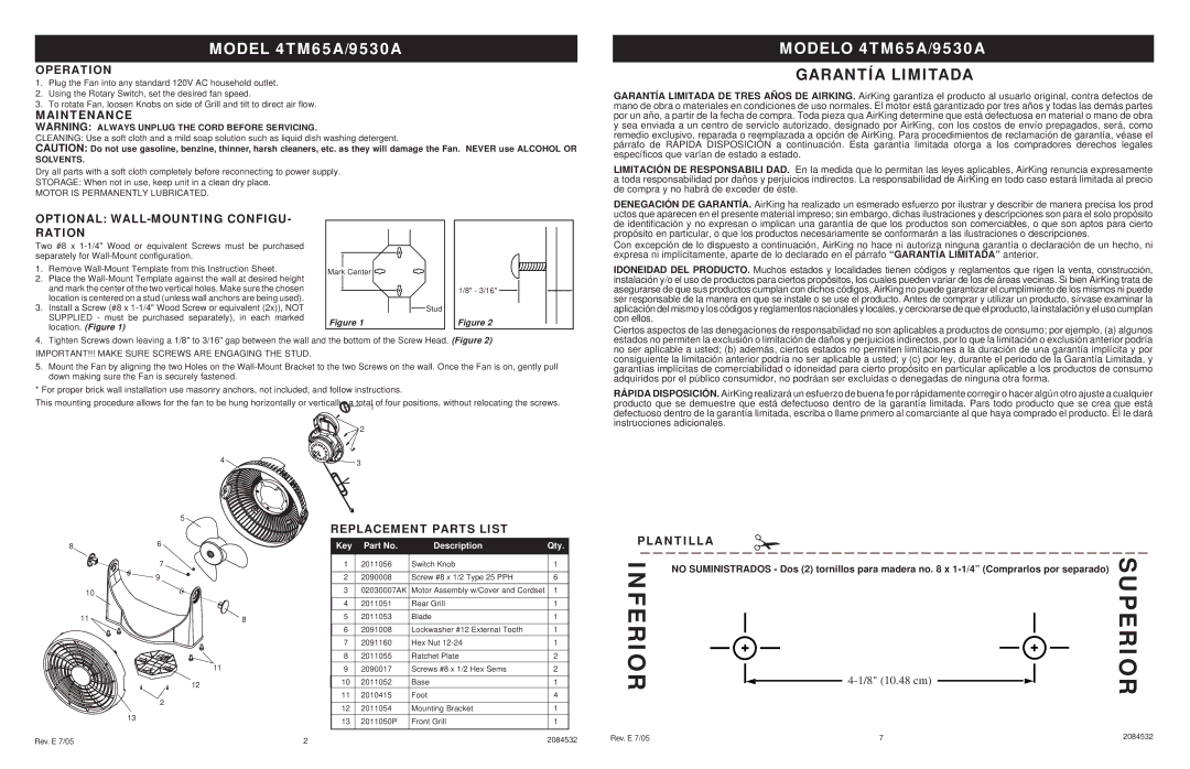 Air King 4TM65A/9530A Operation, Maintenance, Optional WALL-MOUNTING CONFIGU- Ration, Replacement Parts List, Plantilla 