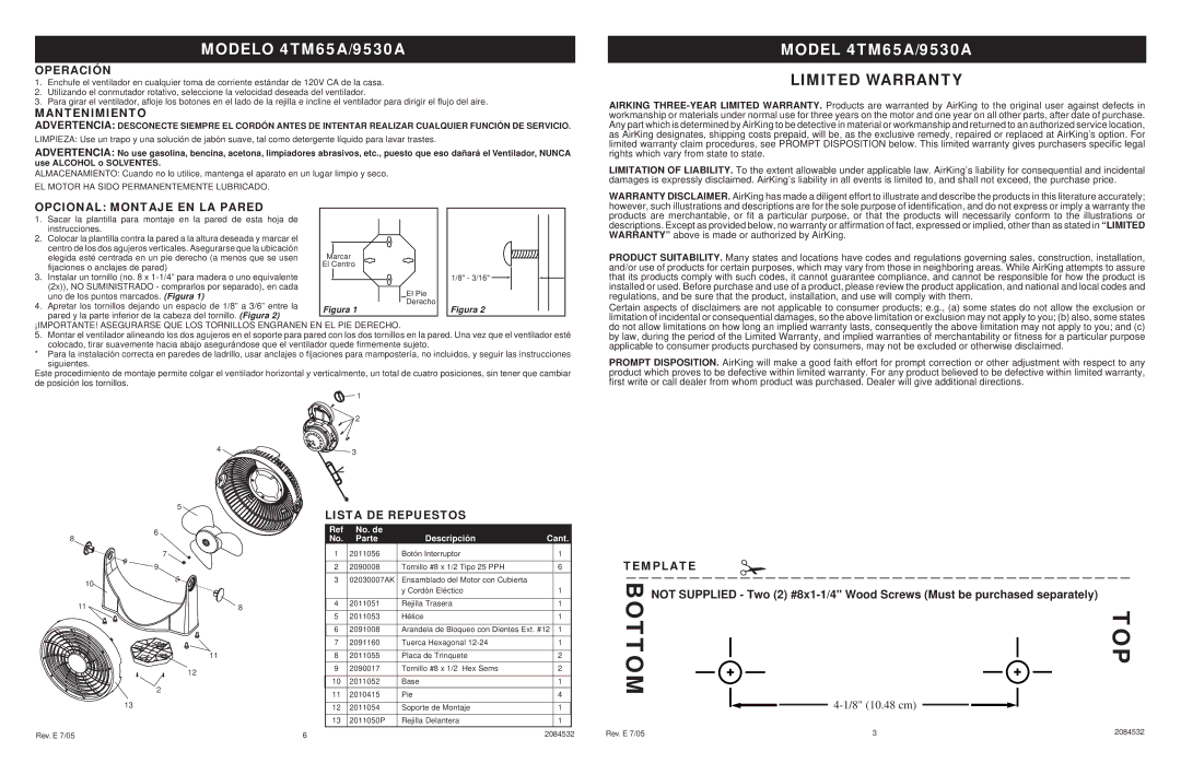 Air King 4TM65A/9530A specifications Operación, Mantenimiento, Opcional Montaje EN LA Pared, Lista DE Repuestos, Template 