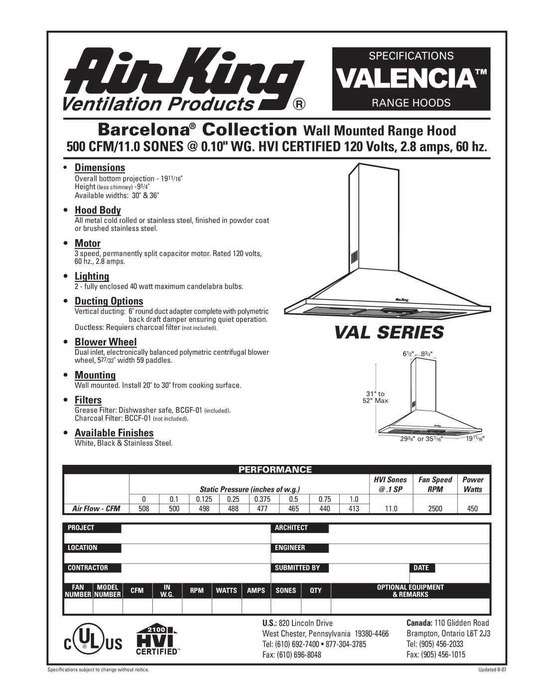 Air King 500CFM specifications Valencia, VAL Series, Barcelona Collection Wall Mounted Range Hood 