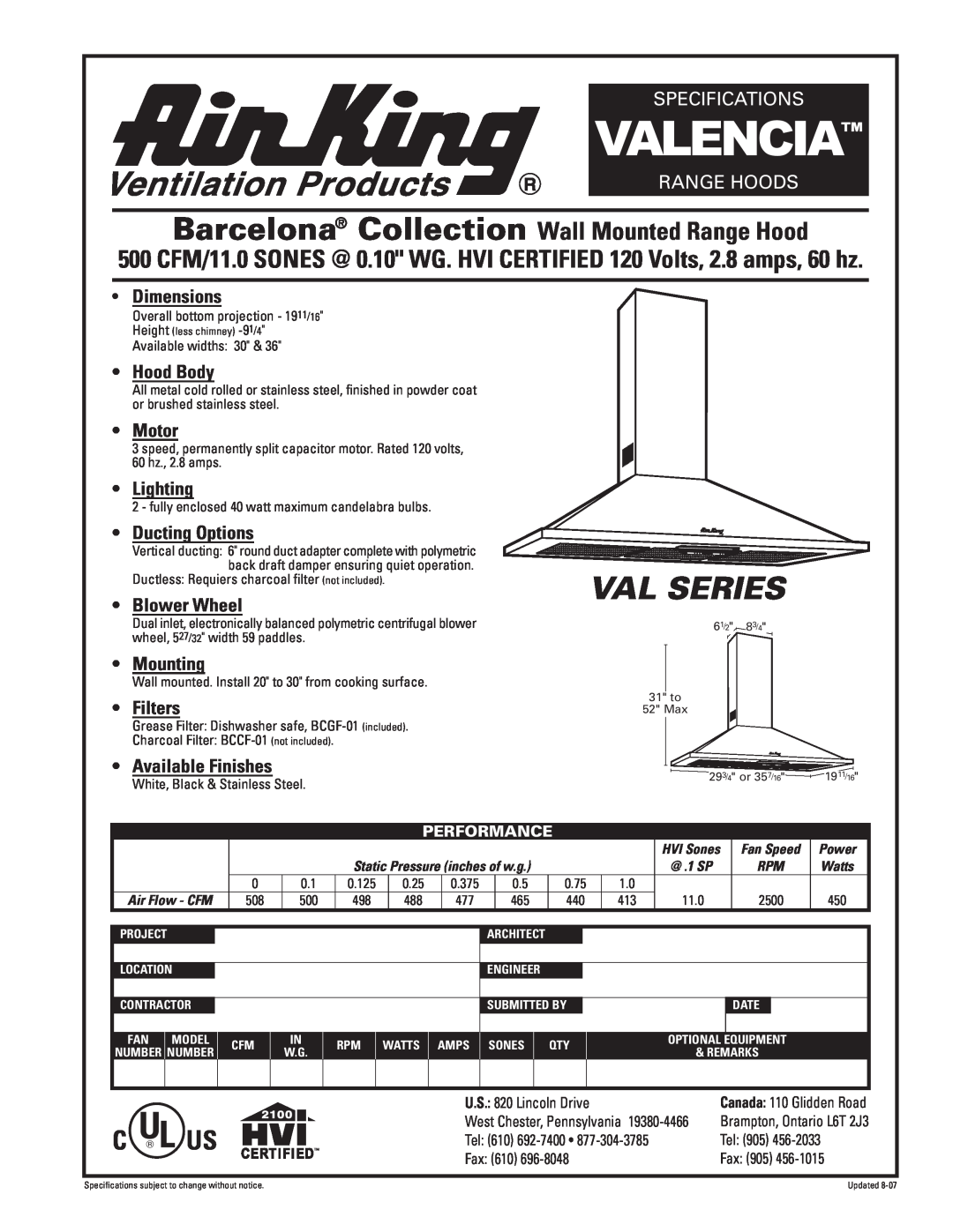 Air King 500CFM specifications Valencia, Val Series, Barcelona Collection Wall Mounted Range Hood, Specifications, Motor 