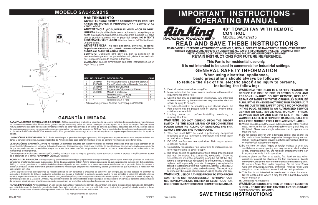 Air King 5AU42/9215 manual Important Instructions, Operating Manual 