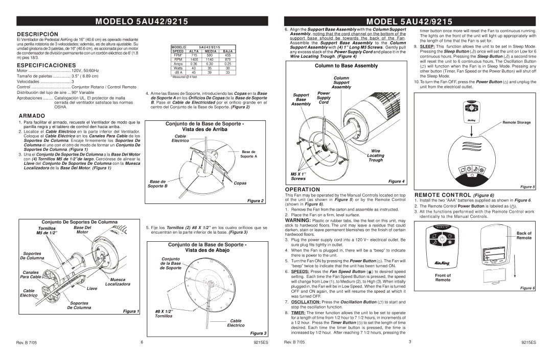 Air King 5AU42/9215 manual Descripción, Especificaciones, Armado, Operation 