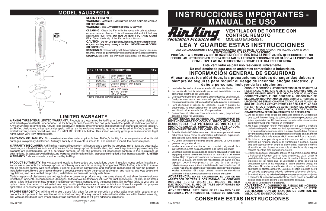 Air King 5AU42/9215 manual Instrucciones Importantes, Manual DE USO, Maintenance 