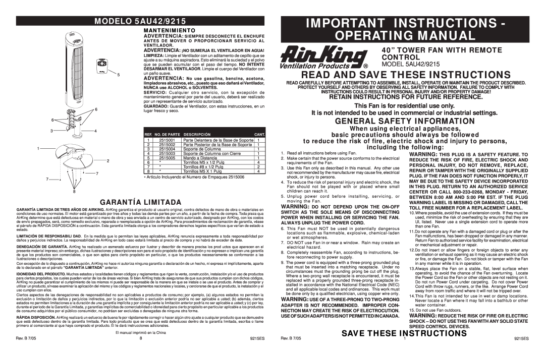 Air King manual Important Instructions, Operating Manual, Read And Save These Instructions, MODELO 5AU42/9215 