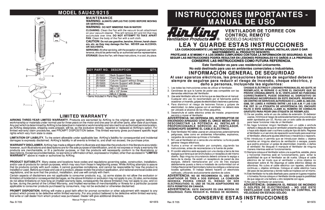Air King 5AU42/9215 manual Instrucciones Importantes, Manual De Uso, Lea Y Guarde Estas Instrucciones, Limited Warranty 