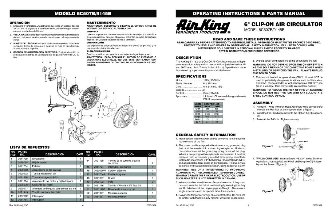 Air King 6C507B/9145B specifications Read and Save These Instructions, Description, Specifications, Assembly 