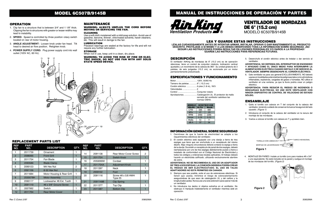 Air King 6C507B/9145B specifications Operation, Maintenance, LEA Y Guarde Estas Instrucciones, Descripción, Ensamblaje 