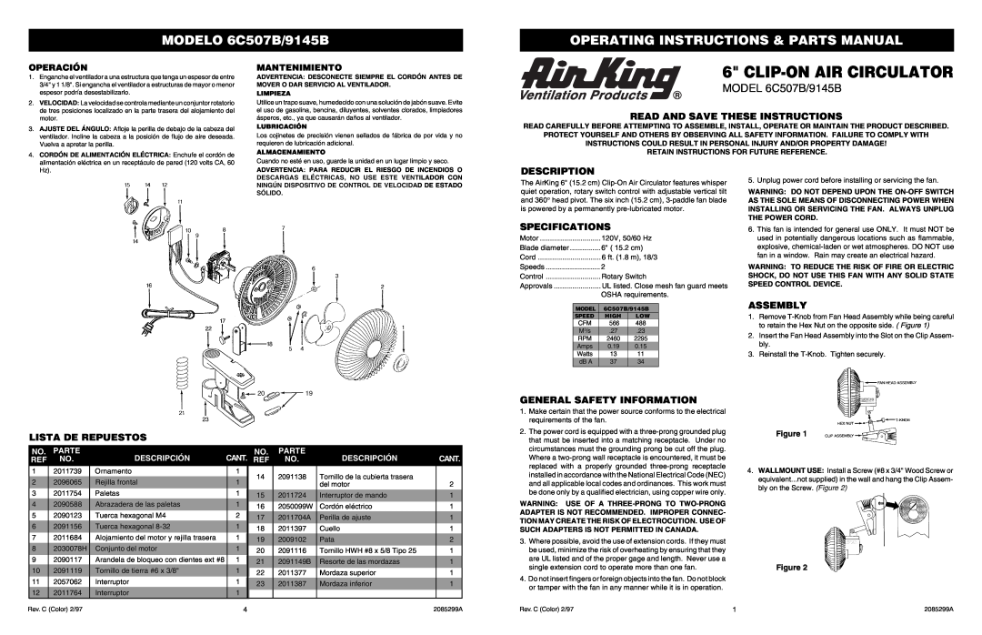 Air King specifications MODELO 6C507B/9145B, Operating Instructions & Parts Manual, MODEL 6C507B/9145B, Description 