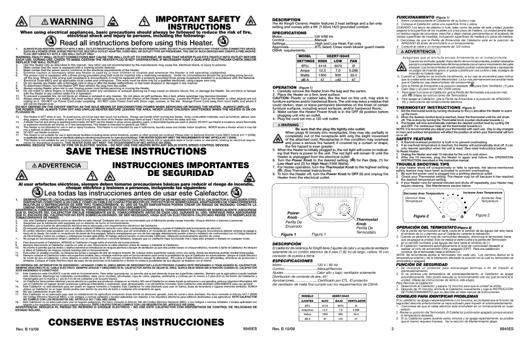 Air King 8945, 3DZR7 warranty Descripción, Especificaciones, Función DE Seguridad, Consejos Para Identificar Problemas 