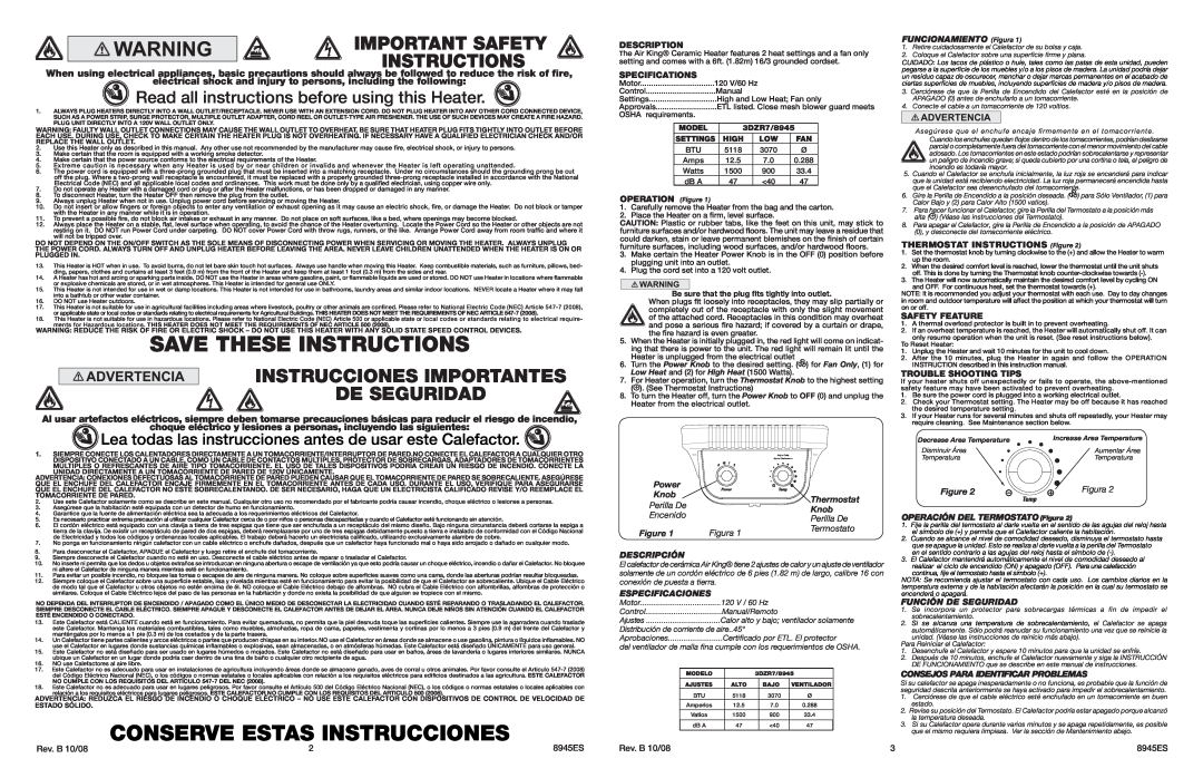 Air King 8945, 3DZR7 warranty Save These Instructions, Conserve Estas Instrucciones, Important Safety Instructions 