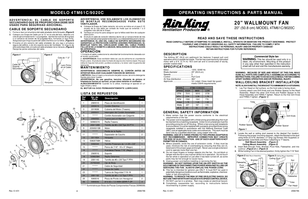 Air King 4TM61C, 9020C operating instructions Cable DE Soporte Secundario, Operación, Read and Save These Instructions 