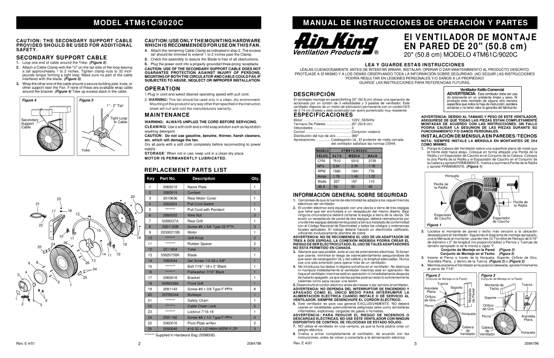 Air King 9020C Secondary Support Cable, Operation, Maintenance, Descripción, Especificaciones, Replacement Parts List 