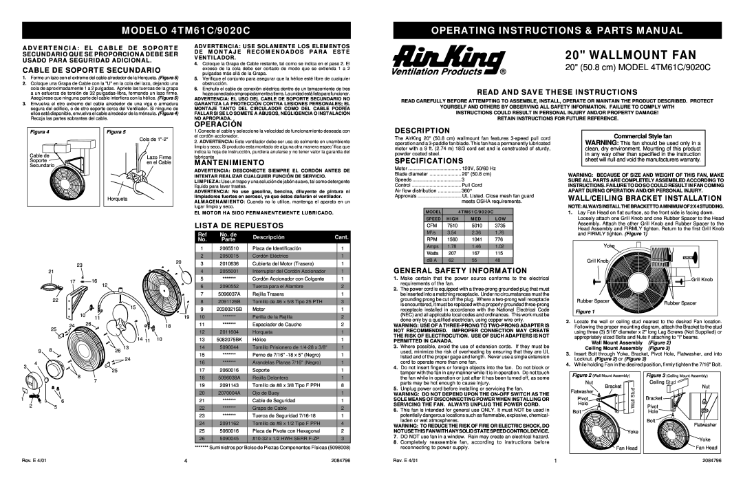 Air King operating instructions Wallmount Fan, MODELO 4TM61C/9020C, Operating Instructions & Parts Manual, Operación 