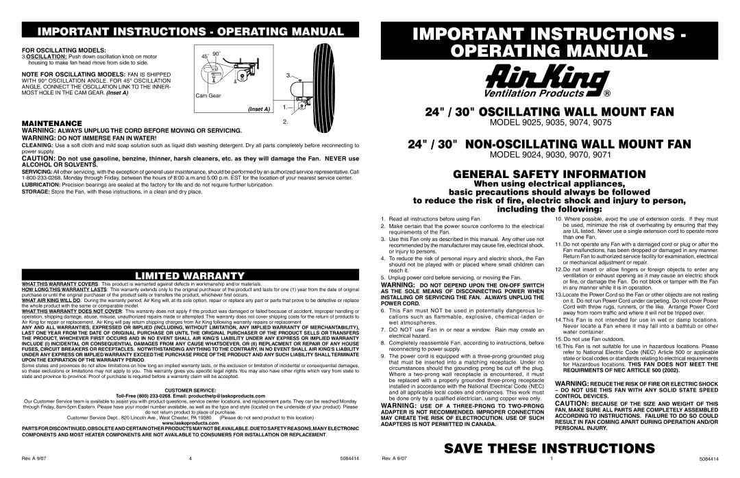 Air King 9025 warranty Maintenance, For Oscillating Models, Alcohol or Solvents 