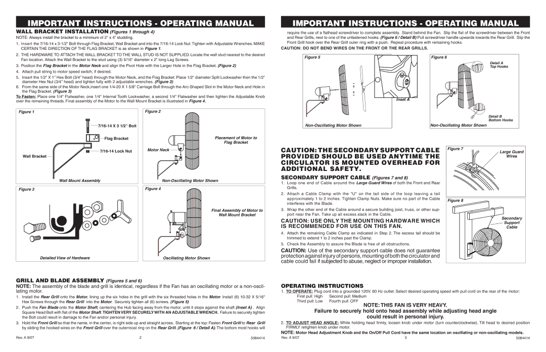 Air King 9025 Wall Bracket Installation Figures 1 through, Secondary Support Cable Figures 7, Operating Instructions 