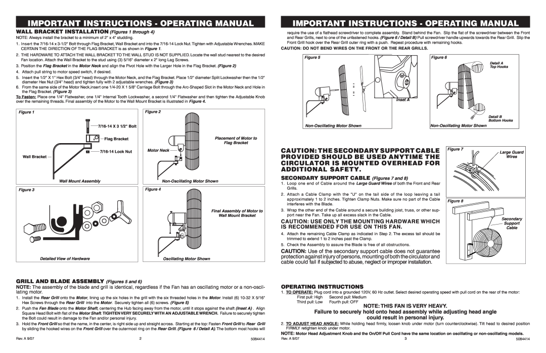 Air King 9025 WALL BRACKET INSTALLATION Figures 1 through, SECONDARY SUPPORT CABLE Figures 7 and, Operating Instructions 