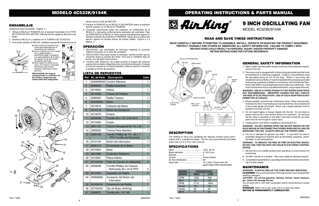 Air King 4C523K, 9154K specifications Ensamblaje, Read and Save These Instructions, Operación, General Safety Information 