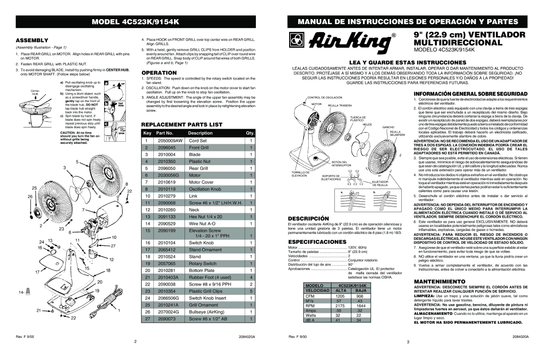 Air King 9154K Assembly, Operation, LEA Y Guarde Estas Instrucciones, Replacement Parts List, Descripción, Mantenimiento 