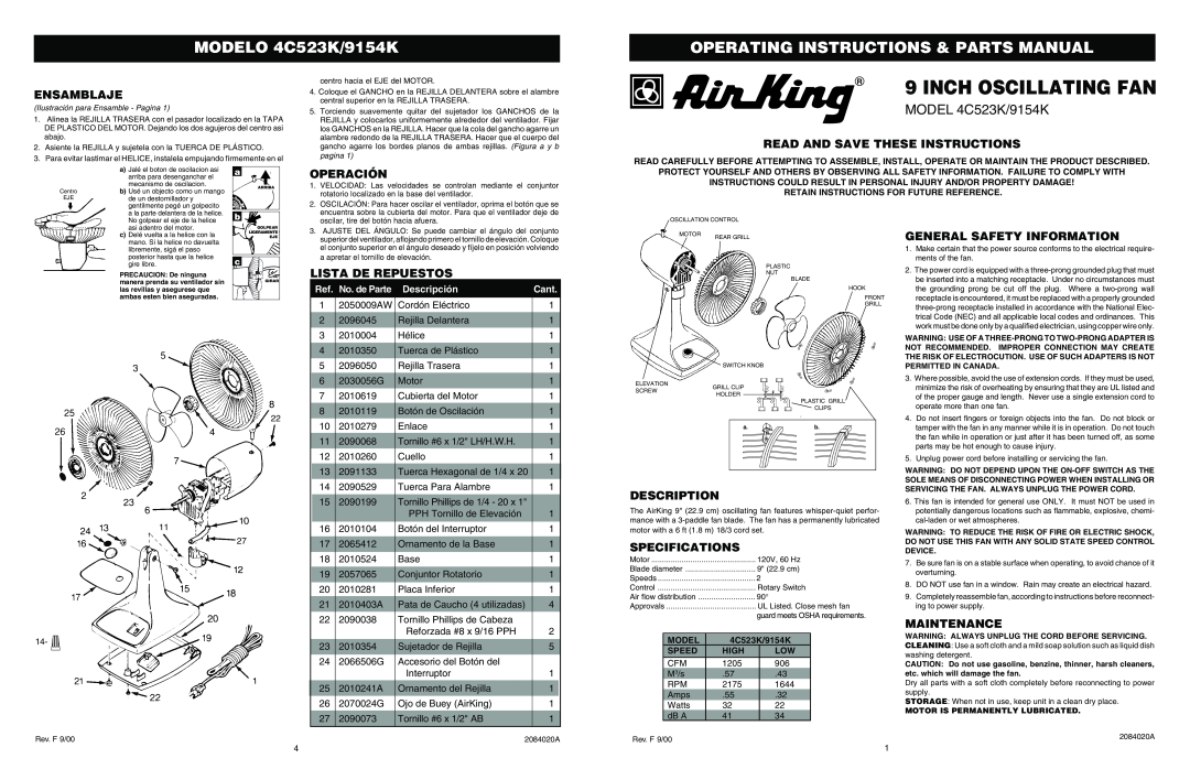 Air King specifications MODELO 4C523K/9154K, Operating Instructions & Parts Manual, Ensamblaje, Operación, Description 