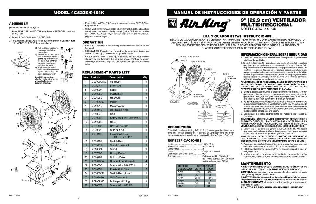 Air King MODEL 4C523K/9154K, Manual De Instrucciones De Operación Y Partes, Assembly, Operation, MODELO 4C523K/9154K 