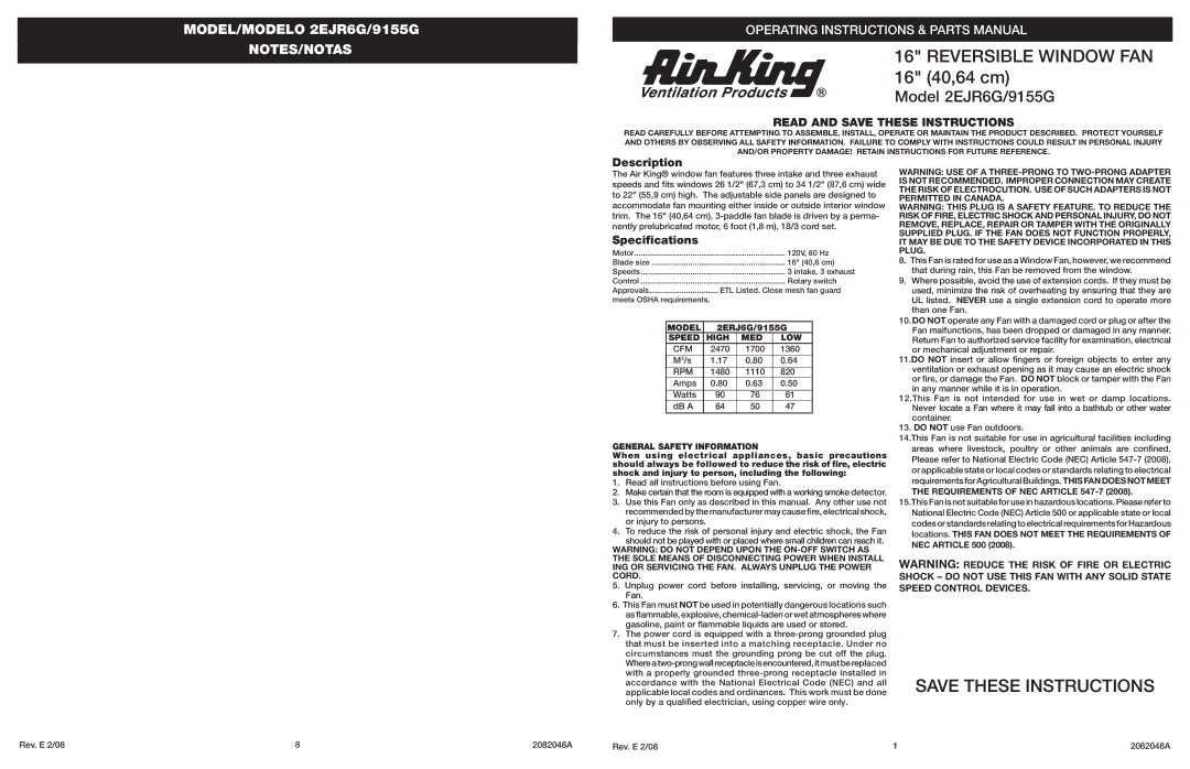 Air King 2EJR6G, 9155G specifications Description, Specifications 