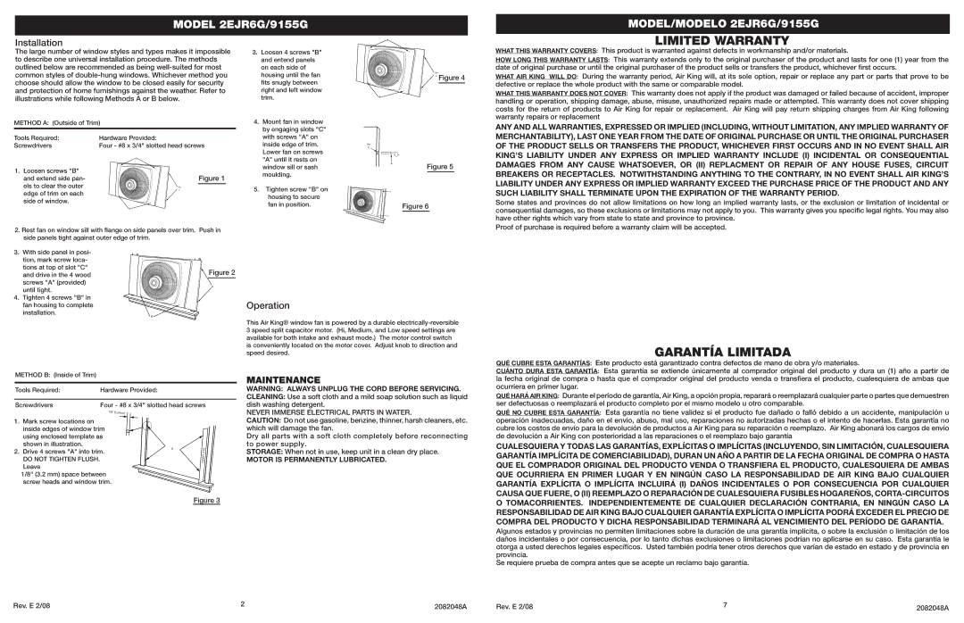 Air King 9155G, 2EJR6G specifications Installation, Operation, Maintenance, Never Immerse Electrical Parts in Water 