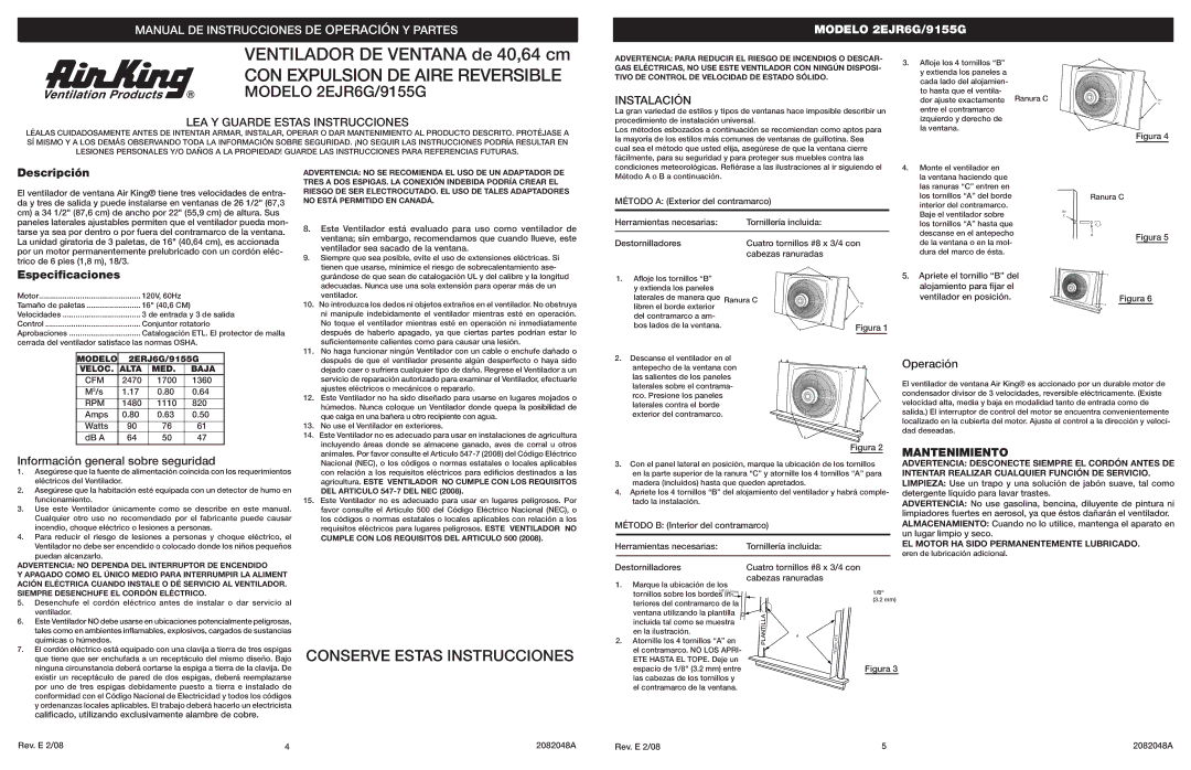 Air King 9155G, 2EJR6G specifications Descripción, Especificaciones, Operación, Información general sobre seguridad 