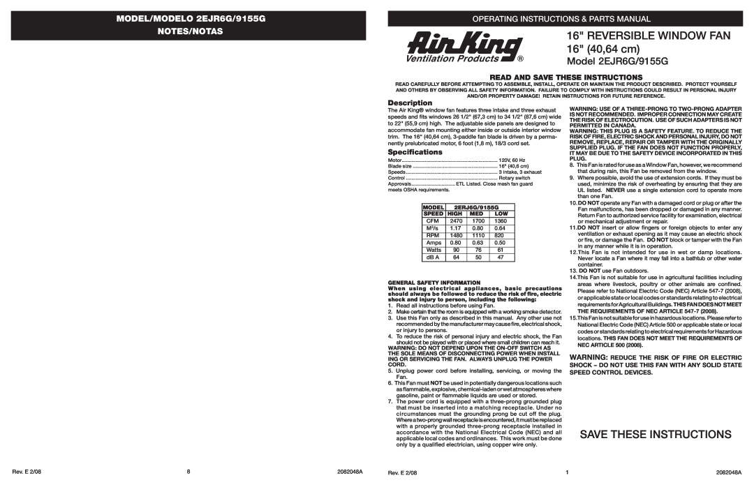 Air King specifications REVERSIBLE WINDOW FAN 16 40,64 cm, Save These Instructions, Model 2EJR6G/9155G, Description 