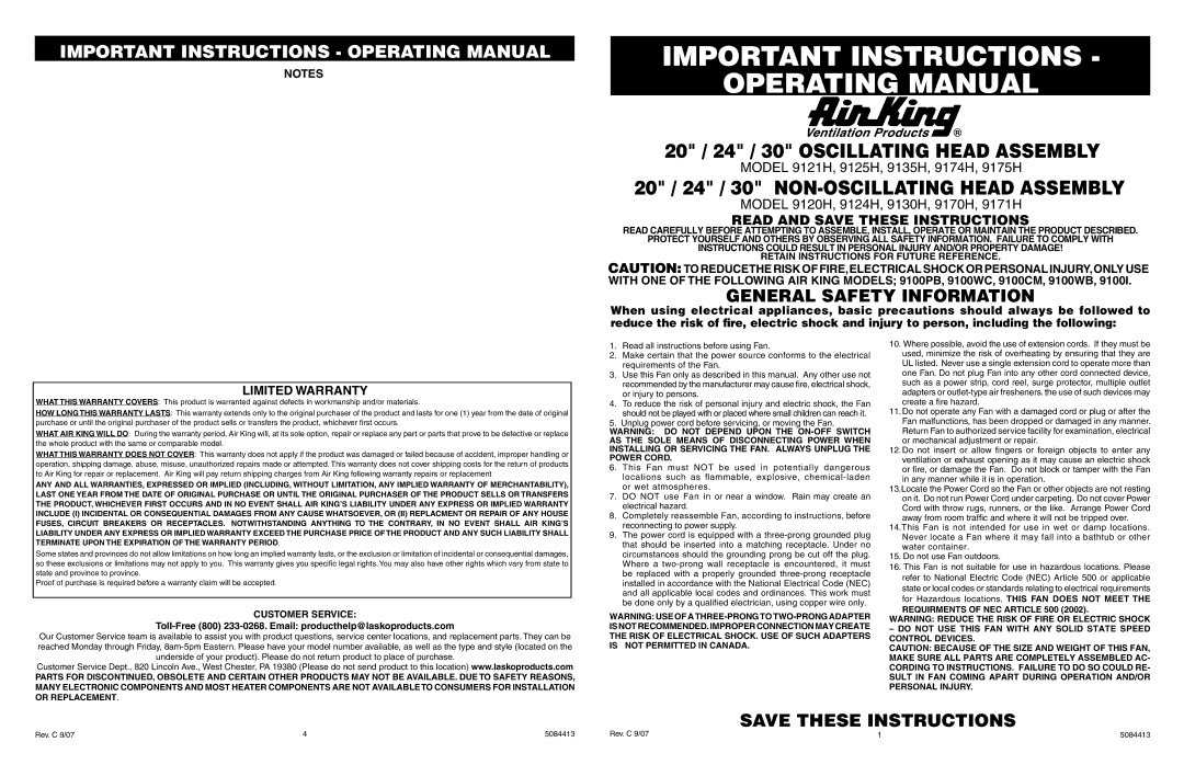 Air King 9175H, 9174H, 9135H, 9130H, 9120H, 9125H, 9121H, 9124H, 9170H, 9171H warranty Operating Manual, Customer Service 