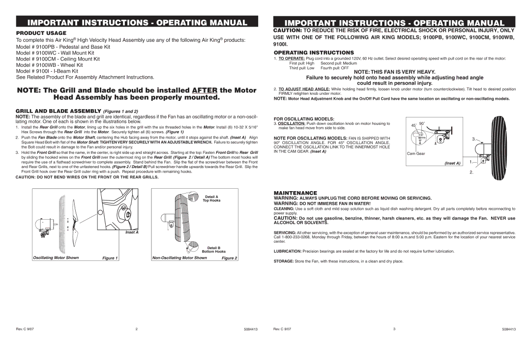 Air King 9135H, 9174H Product Usage, Operating Instructions, Maintenance, For Oscillating Models, Alcohol or Solvents 